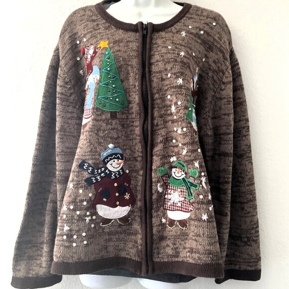 VINTAGE SNOWMAN CHRISTMAS JACKET BROWN PLUS 2X - Picture 2 of 12